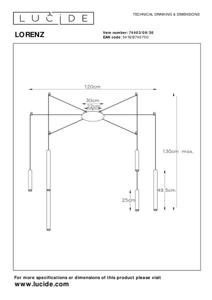 Lucide LORENZ - Hanglamp - Ø 120 cm - LED Dimb. - 6x4W 3000K - Zwart - technisch